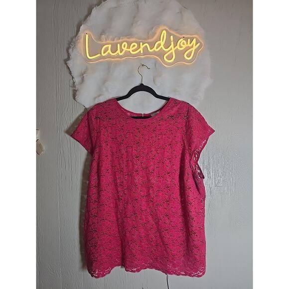 Hot Pink Lace Plus Blouse 3X Office Preppy Cottagecore Feminine Vacation - Picture 1 of 9